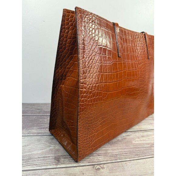 Italian Croc-Embossed Camel Brown Genuine Leather Tote bag Italy, Pristine - Picture 6 of 16